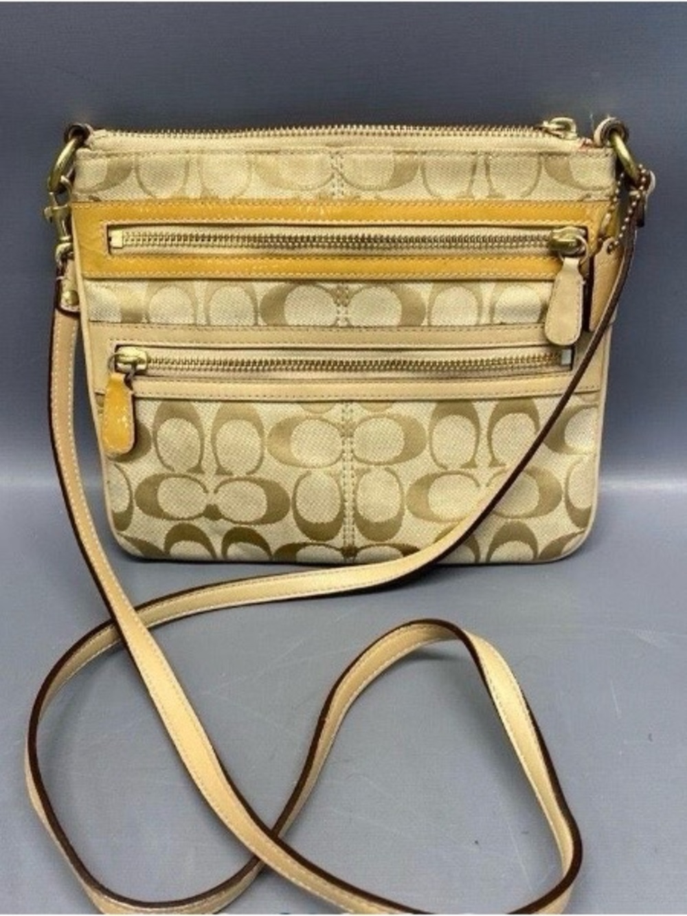 Coach Beige Signature Crossbody with Yellow Accent Trim